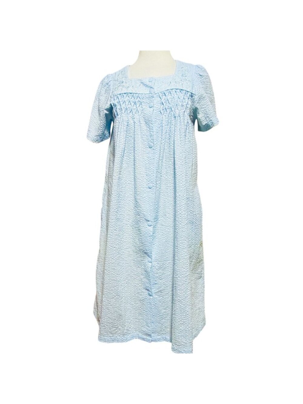 Miss Elaine Nightgown Small Blue Seersucker Snap Front Floral Embroidered Smocke